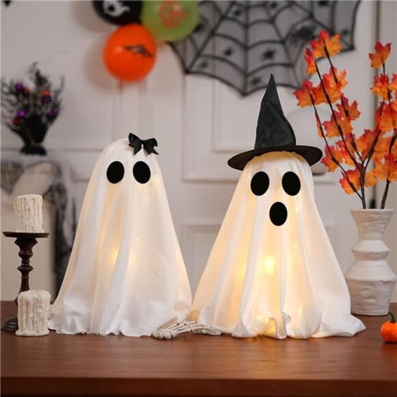 Set of 2 Light Up Halloween Ghost Decorations with Timer for DIY Spooky Display - Picture 5 of 7